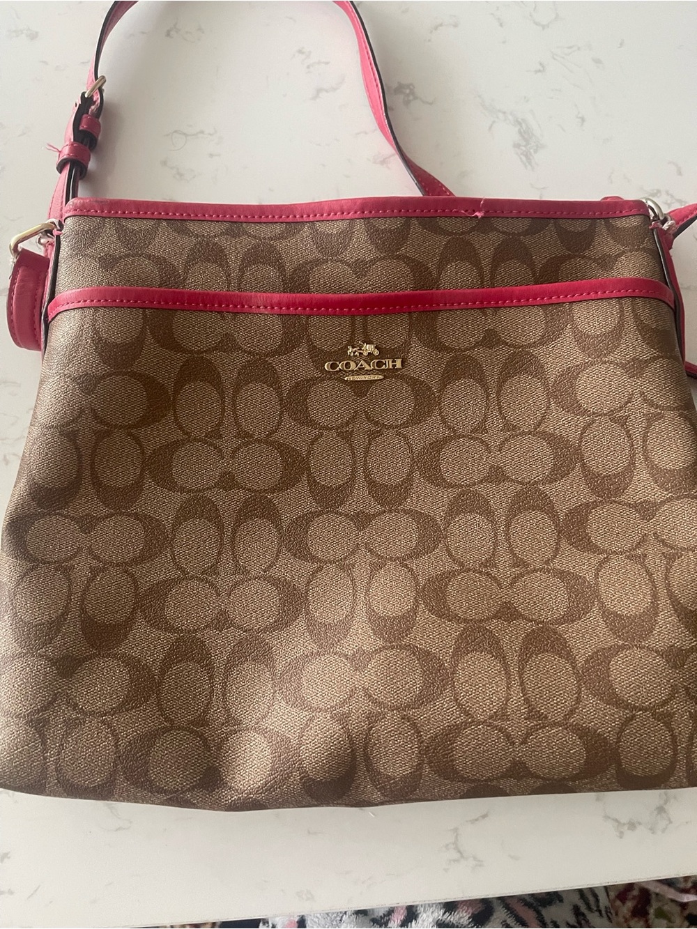 Coach Brown Signature Crossbody with Pink Trim